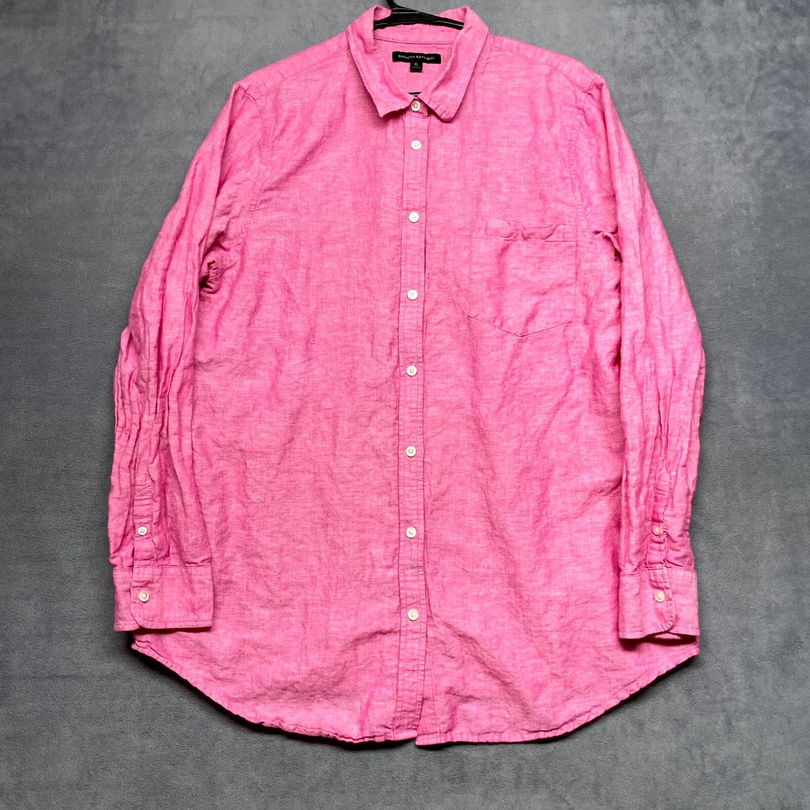 Banana Republic Shirt Men's XL Pink Linen Long Sleeve Pleated Collared Button-Up
