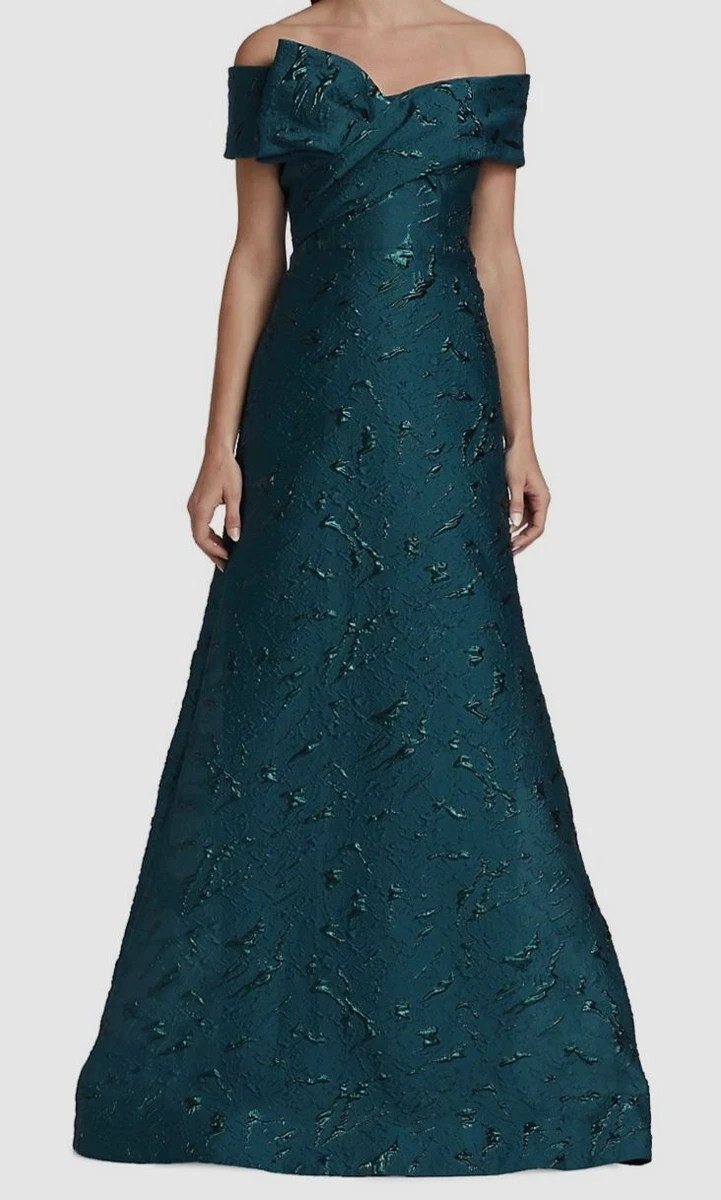 795 Rickie Freeman for Teri Jon Womens Blue Half Bow Jacquard Gown Dress Size 4