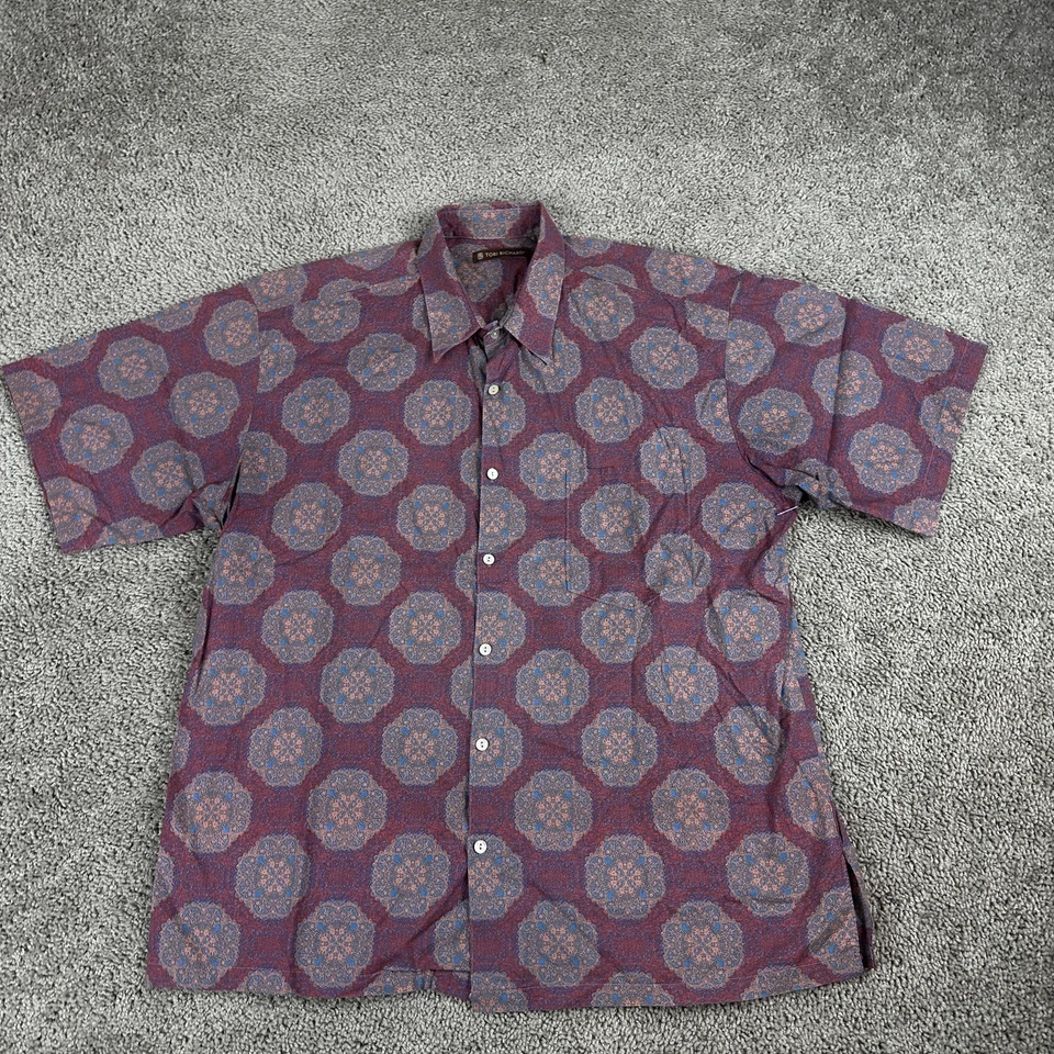 Camisa Hawaiana Tori Richard Para Hombres XL Azul Borgoña Medallón Algodón Césped Hecha en EE. UU. Foto 2 de 4