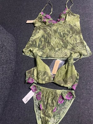 Lise Charmel French Green & Purple 3 Piece Set! Bra, Camisole & Bikini! NWT!