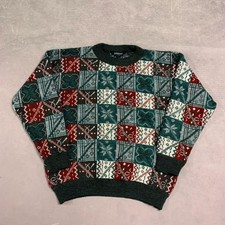 Vintage Abstract Knitted Jumper Patterned Grandad Chunky Knit Sweater Men's L