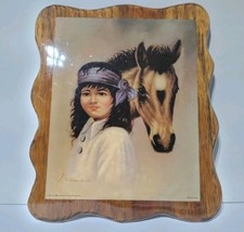 Z Garcia Native American Girl & Pony Art Lacquered Wavy Edge Wood Vintage 12x10