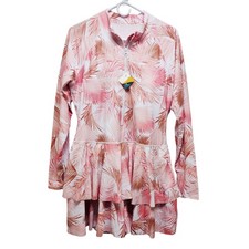 UniqueBella Womens Long Sleeve Ruffle Hem Swim Dress Pink Leaf Print Size 2XL