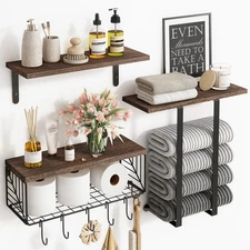 Bathroom Floating Shelves Over Toilet Wall Shelves Set with Towel Storage Rac...