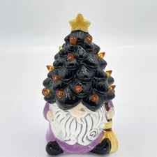 Ceramic Gnome Christmas Tree Black Light Up LED Purple Holiday Tabletop Decor