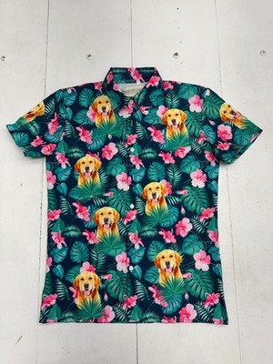 Shein Blue Leaf Dog Print Button Up Short Sleeve Shirt Mens Size Medium