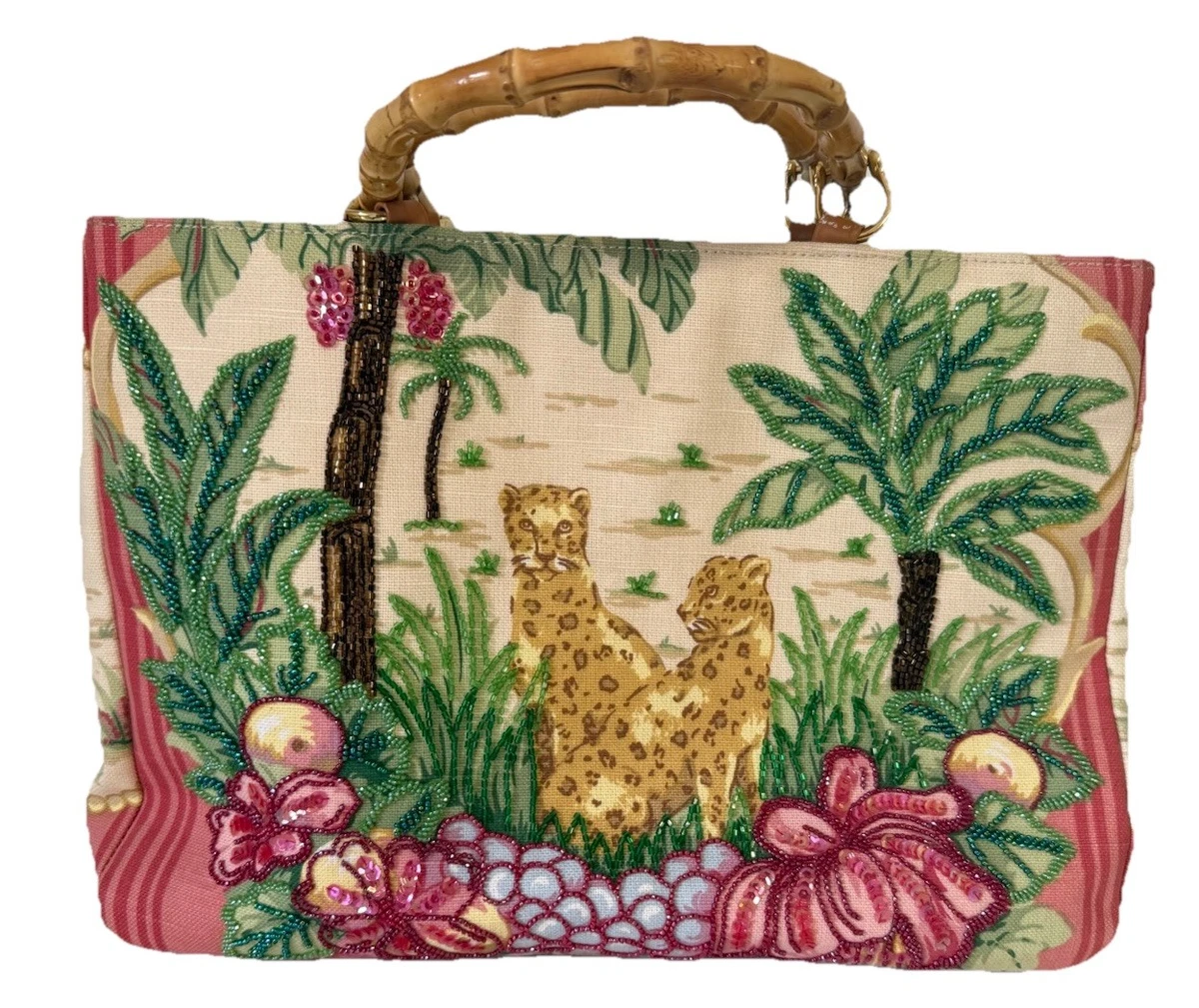 Sac Tote Vintage Isabella Fiore En Perles - Motif Chien (cocker, Terrier), Cuir, Dimensions 15"x10"x3", Occasion Très Bon état