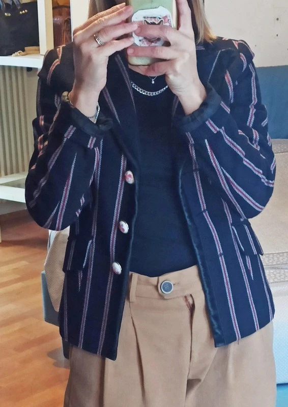 ZARA TRF STRIPED NAVY BLUE WOOL BLAZER JACKET BLAIR WALDORF GOSSIP GIRL M - Image 4 of 4