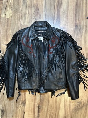 Women s Black Fringe Leather Biker Motorcycle Jacket Rose Pattern Size 6 (small)
