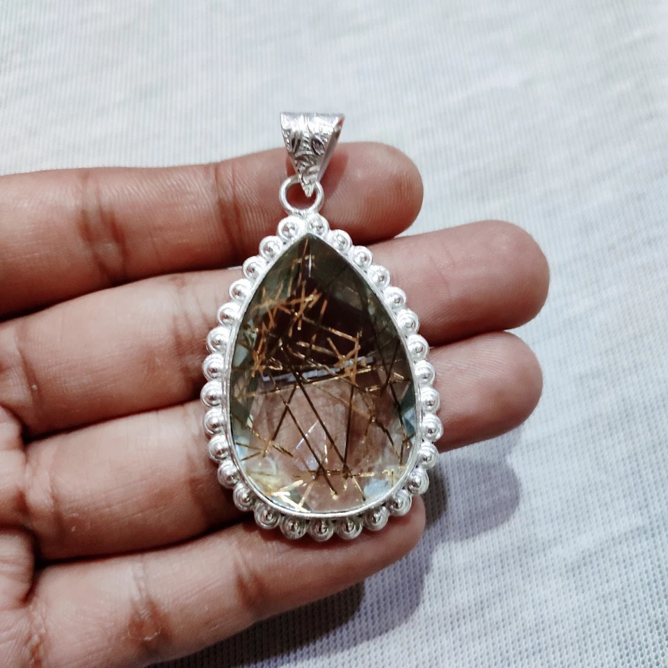 Ciondolo pietra preziosa quarzo rutilato argento sterling rutilato gioielli... - Immagine 2 di 4