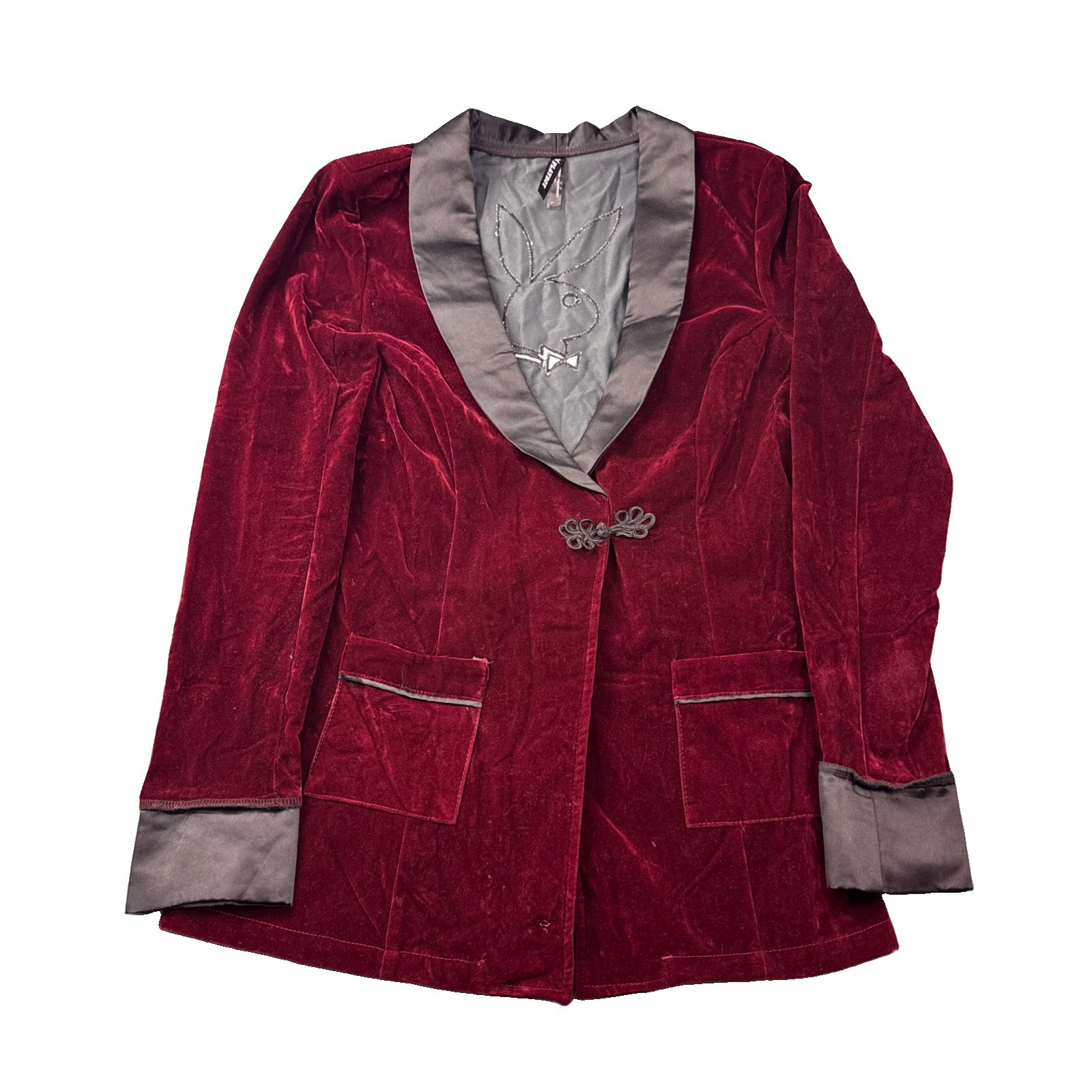 Vintage Playboy velvet smoking jacket in burgundy with bunny logo