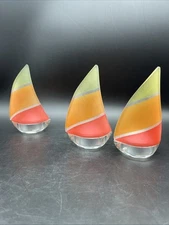Glass Art Tea lights (3) Vtg MCM Sailboat Frosted Nautical Beach Coastal Decor