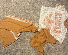 Women  s Tan/White 3 Piece Solid Set Lace Tank Top  Pants  Shorts Size M