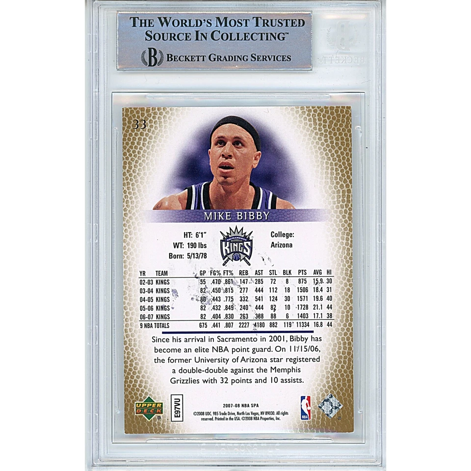 Mike Bibby Signed 2007-08 Upper Deck SP #33 Sacramento Kings BAS Slabbed Auto - Image 2 of 4