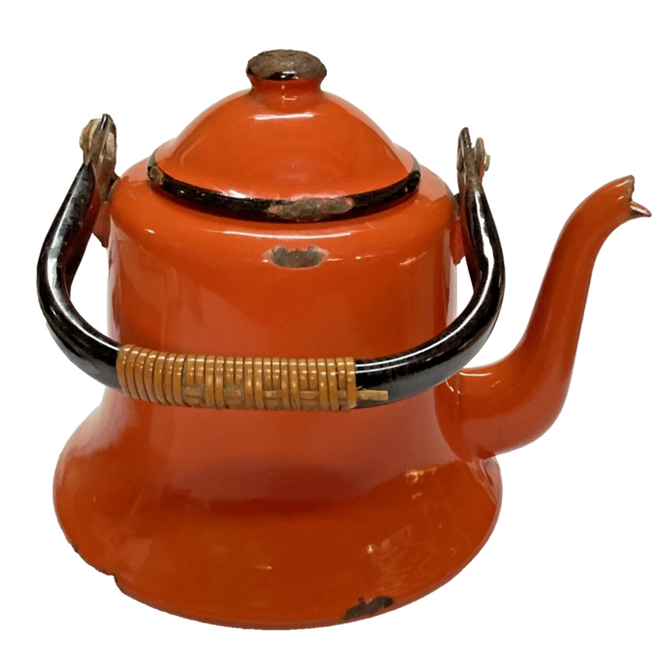 Teiera/Ketli vintage in metallo 5,5 pollici smalto arancione e bianco 7 polli... - Immagine 3 di 4
