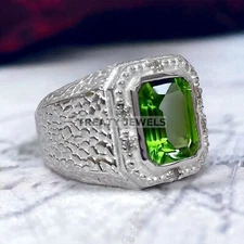 Peridot Emerald Cut Gemstone With 925 Sterling Silver Ring For Men's #901