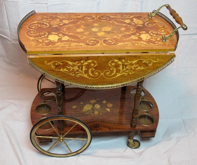 Vintage Italian Wood Inlay Drop Leaf Wine Tea Cart Trolley Brass Made