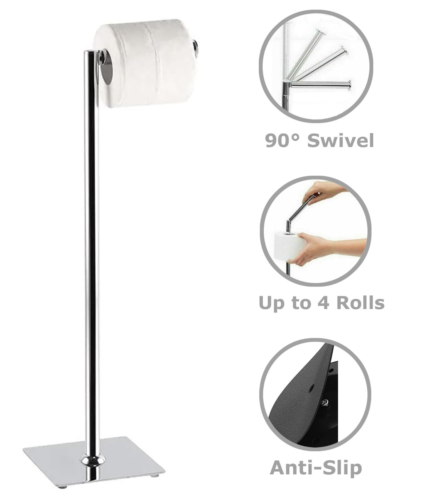 Toilet Roll Holder Storage Stand Square Base Swivel Home Bath Free Stand Silver