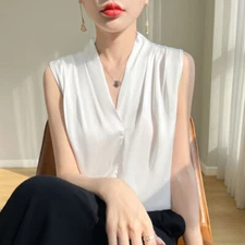 Summer Women Sexy Silk Satin Tops V-Neck Sleeveless Camisoles Casual Loose Vests