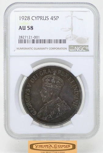 1928 Cyprus Silver 45 Piastres, NGC AU58 - #B46193CONS