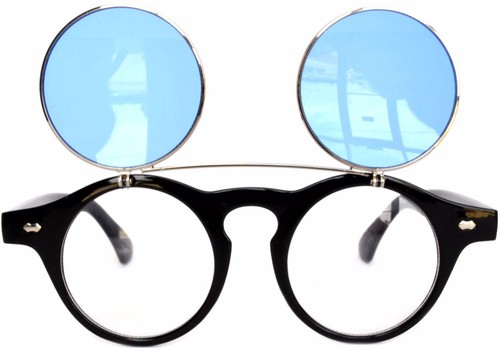 Flip Up C1 Gothic Retro Round Circle Plastic Sunglasses Black Frame Blue Lens - Picture 3 of 4