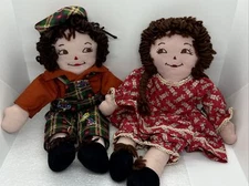 Set Of 2 Homemade Flat Face Rag Dolls Boy & Girl 16” Yarn Hair Boy Plaid Outfit