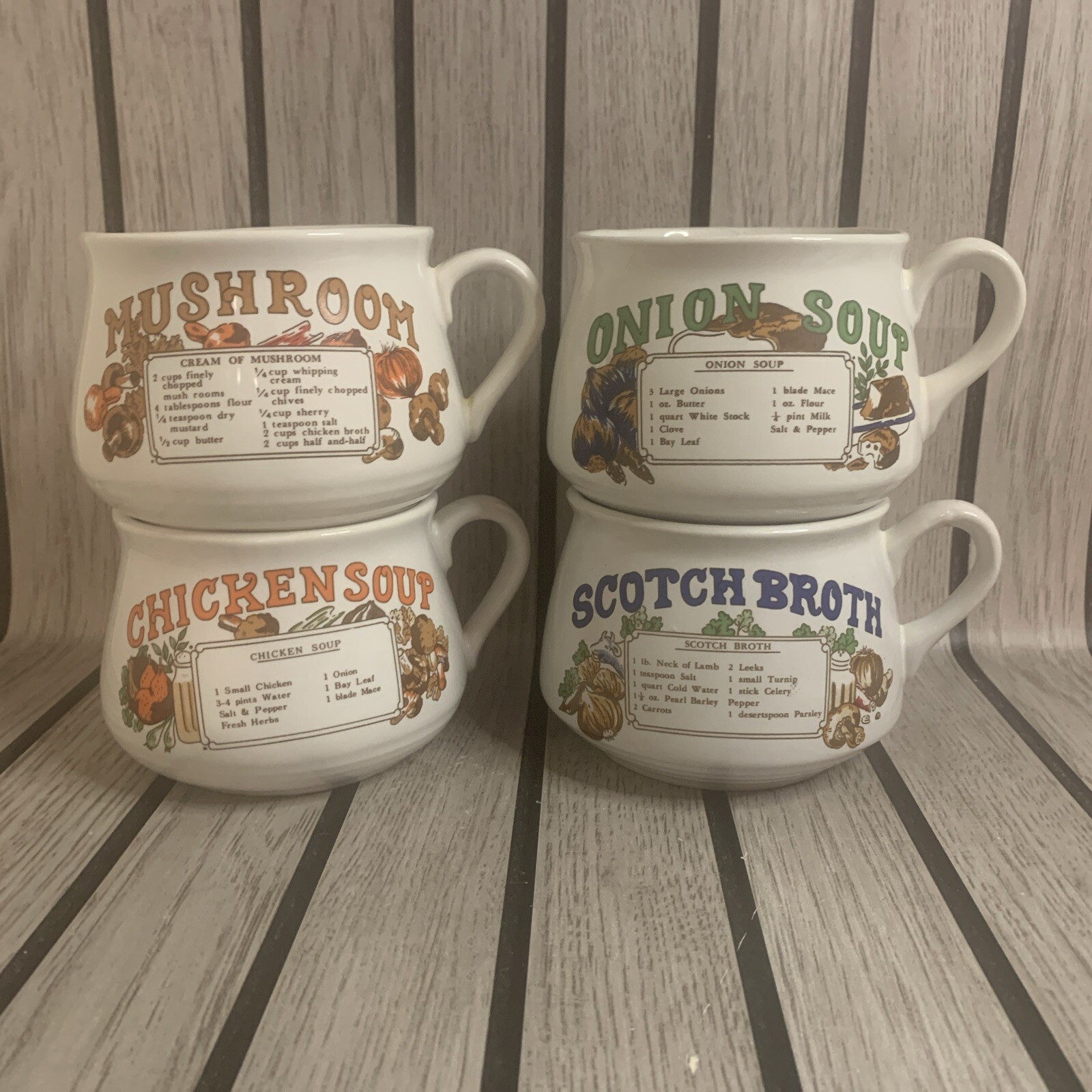 4x Vintage Keramik Rezept Suppentassen Scotch Brühe Pilz Zwiebel Huhn Retro