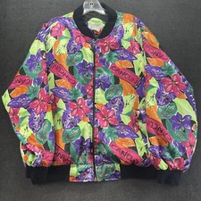 Stefano World Wide Satin Bomber Jacket Vtg Sz Med Bright Colorful Tropical Lined
