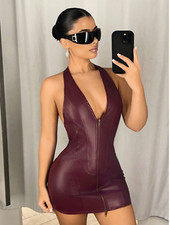 Burgundy ICON Plunging V-Neck Two-Way Zipper Bodycon Mini PU Leather Dress