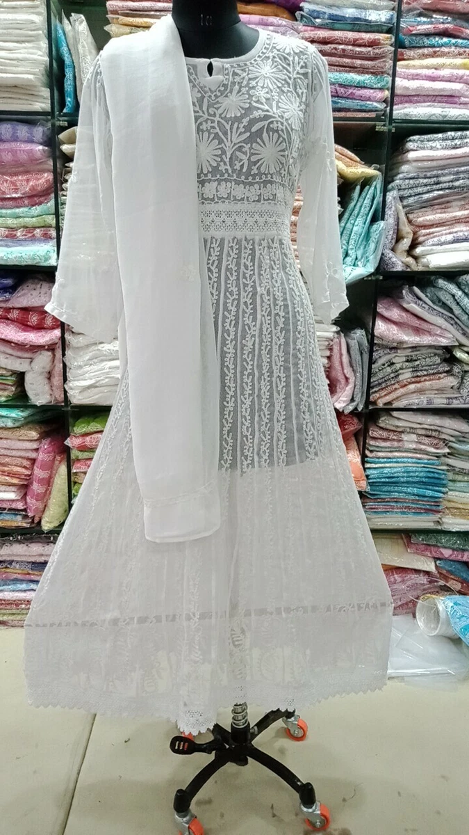 Grey sleeve long Lucknowi chikankari dress with white embroidery | Ethnic  and Beyond