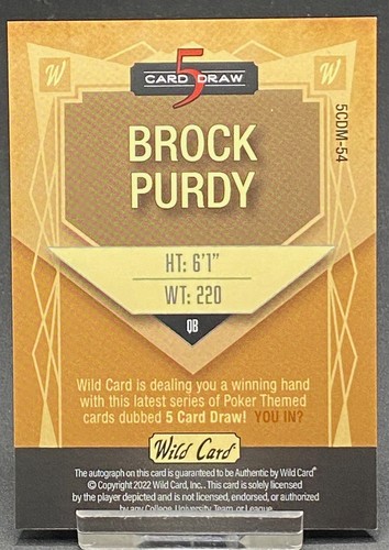 2022 WILD CARD 5 CARD DRAW BROCK PURDY 49ERS AUTO TRUE 1/1 - Foto 2 di 2