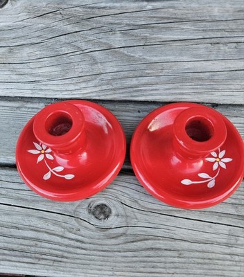 Sweden Wood Red White Flowers Floral Candlestick Holders