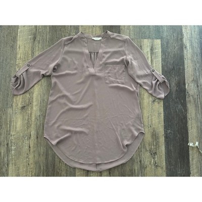 Lush Womens Mauve Taupe V-Neck Roll Tab Sleeve High Low Blouse Size Small
