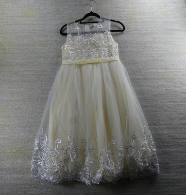Idopip Dress Girls 11 Beige Sleeveless Mesh Tulle Embroidered Flower Girl