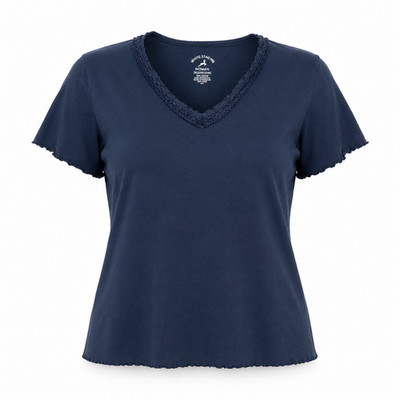White Stag Woman 3X 22W 24W Navy V-Neck Lace Trim Cotton T-Shirt Top