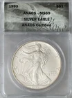 1993 $1 AMERICAN SILVER EAGLE ANACS MS69  0.999 Fine Bullion 1 Troy Oz Coin