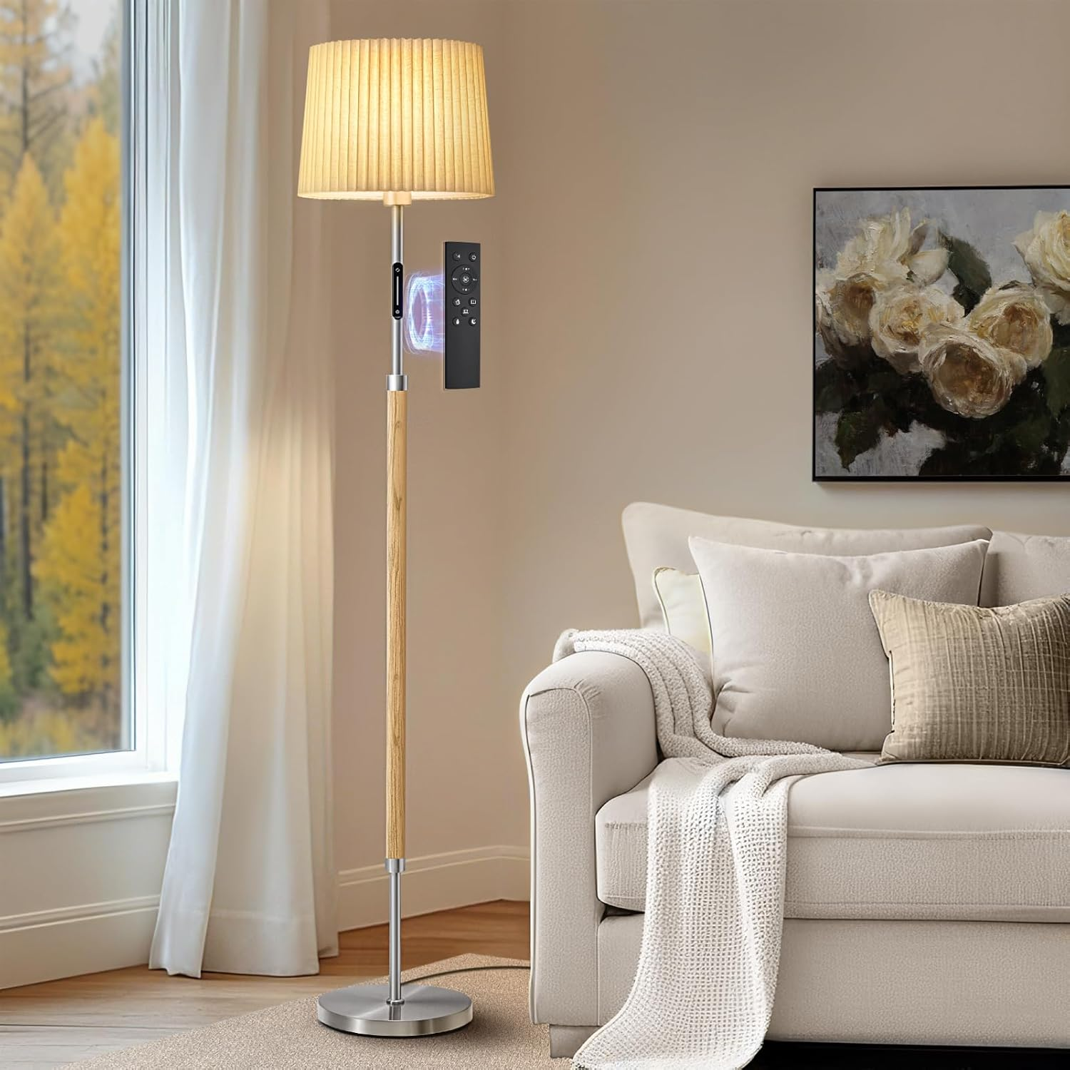 61-Inch Natural Wood Floor Lamp for Living Room with Remote & Touch Control