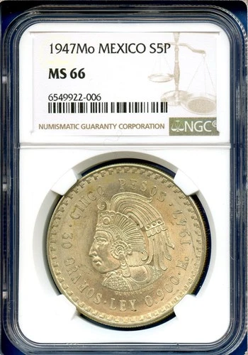 1947 Mo Mexico NGC MS66 Silver 5 Pesos S5P Cinco Pesos Cuauhtemoc MS-66 Rare