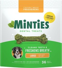 Minties Large Dog Dental Chews 36 Count Mint Flavor Plaque Tartar Control