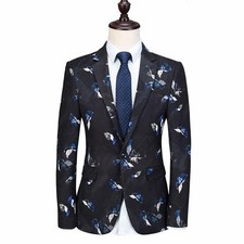 Men Black Jacquard Paisley Floral Blazer Formal Party Wedding Casual Prom Suit
