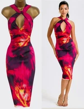 KAREN MILLEN ❤ STUNNING ABSTRACT PRINT SATIN HALTER COCKTAIL PENCIL DRESS ❤ UK16