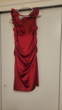 Maggy London Red Ruched Cocktail Dress Size 10 Satin V Neck Ruffle Detail