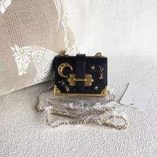Auth Prada Mini Box Crossbody Bag Black Saffiano Leather MoonStar Chain Shoulder