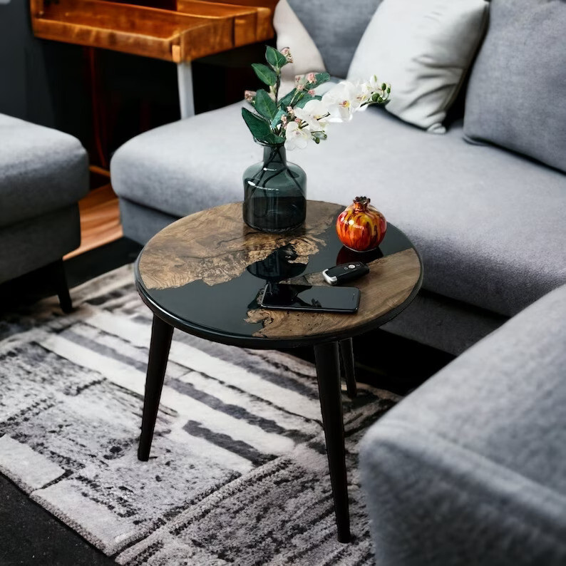 Black Solid Epoxy Round Center Coffee Tables, Living Room End Table Decor