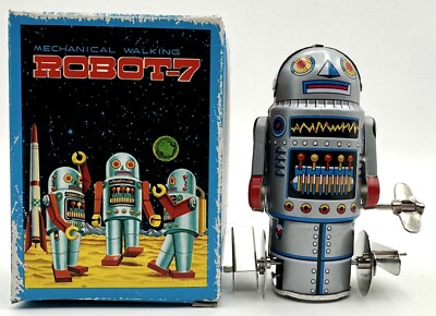 Robot-7 Mechanical Tin Litho Wind-up Walking Robot Taiwan Schylling