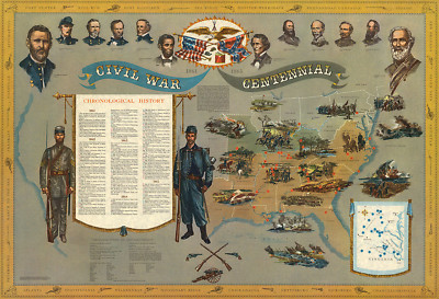 1861-1865 Civil War Centennial Timeline Map Pictorial Military Poster HomeSchool