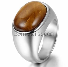 Men's Solid Heavy Stainless Steel Manmade Tiger's Eye Ring Size 9,10,11,12,13