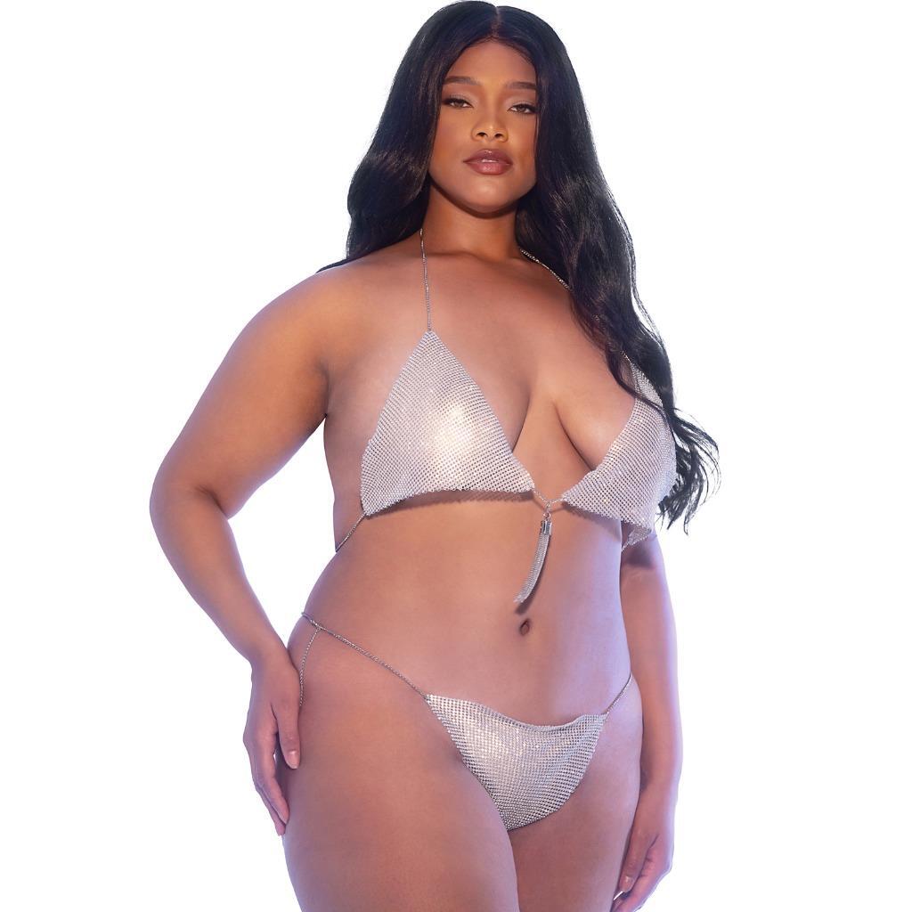Mirrored Chainmail Bra Set Chain Back Halter Neck Thong Metallic Silver LI644 image 4