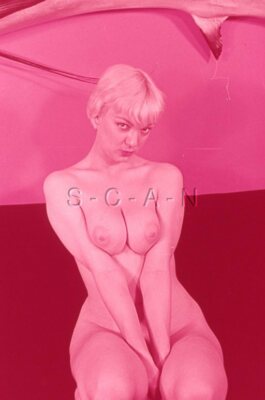 Org 50s-60s Nude 35mm Slide Negative- Blond- Super Endowed Woman- Sits on Knees