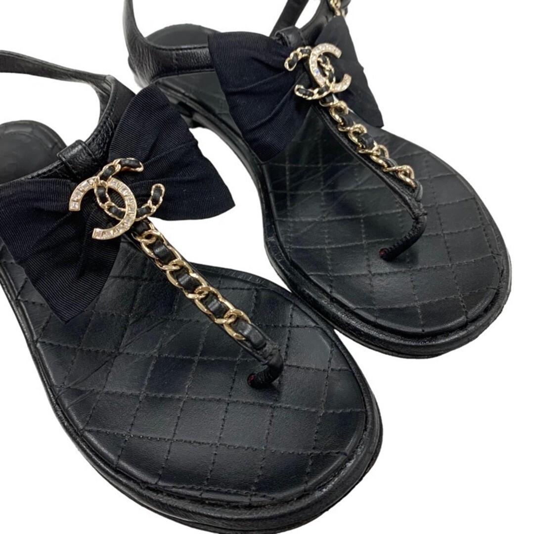 CHANEL Sandals Shoes Leather Black Gold Thong Sandals Size35 CHANEL Sandals Shoes Leather Black Gold Thong Sandals Size35